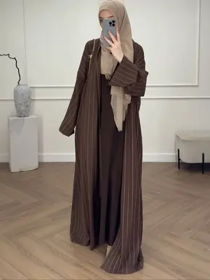 Elegant Long Sleeve Loose Striped Abaya Dress, Oversized Fit Woven Fabric, All Seasons Wearable, Plain Pattern Design