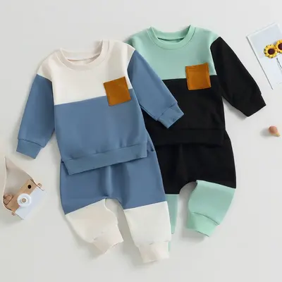 Toddler Baby Boy Fall Winter Clothes Color Block Long Sleeve Sweatshirt Pullovers + Joggers Pants Outfit Set