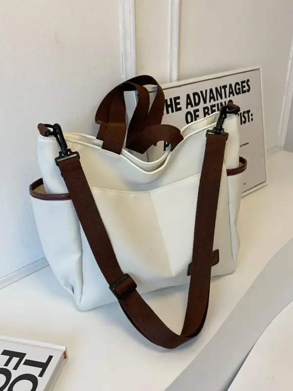 Fashion Contrast Binding Letter Label Design Canvas Zipper Shoulder Bag, Simple All-match Solid Color Large Capacity Shopping...