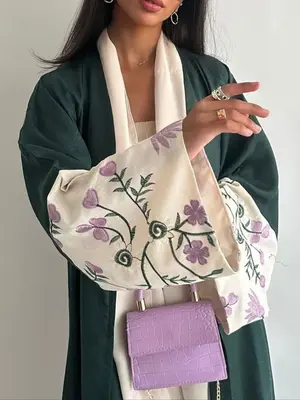 Women's Floral Embroidery Long Sleeve Abaya, Elegant Open Front Outerwear for Spring & Fall, Ladies Clothes for Daily Wear