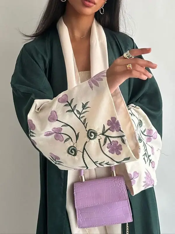 Women's Floral Embroidery  Long Sleeve Abaya, Elegant Open Front Outerwear for Spring & Fall, Ladies Clothes for Daily Wear