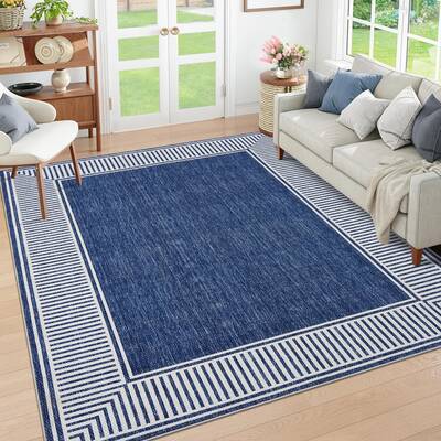 Garvee Bordered Blue 8x10 Living Room Area Rug Modern Striped Border Throw Carpet with Rubber Backing Low Pile Stain Resistan...