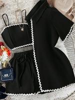 Three-piece Set Women's Contrast Trim Crop Top & Short Sleeve Top & Shorts, Casual Fashion Outfits for Daily Wear, Ladies Sum...