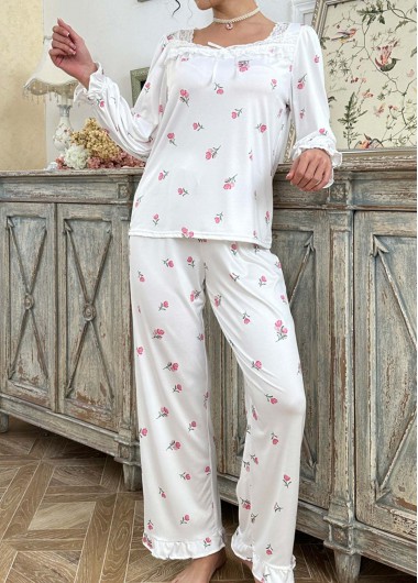 Modlily White Floral Print Long Sleeve Lounge Top and Pants - M