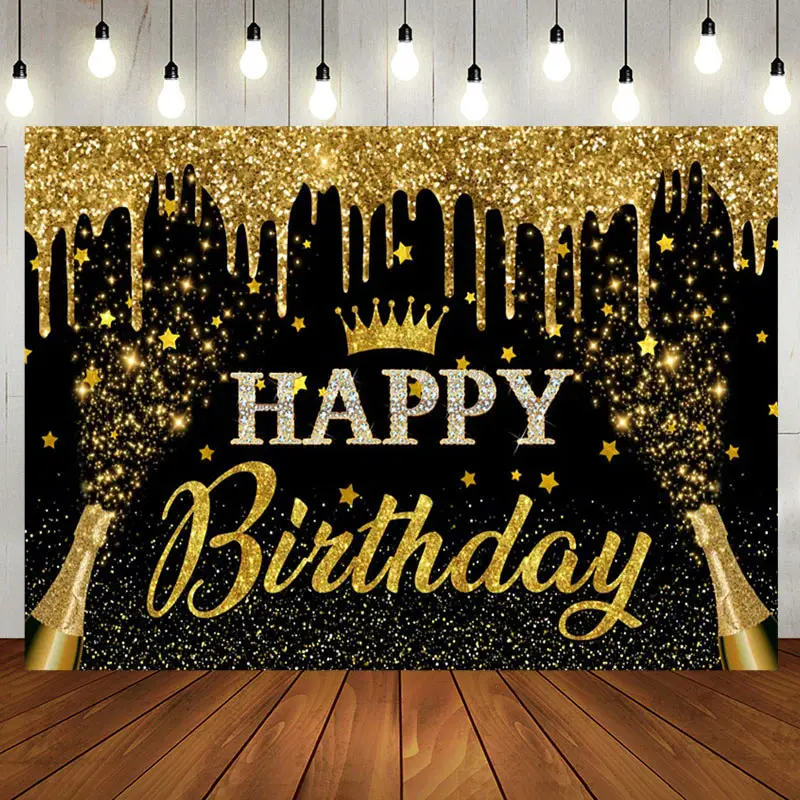 Aperturee Gold Glitter Crown Champagne Birthday Party Backdrop - Aperturee