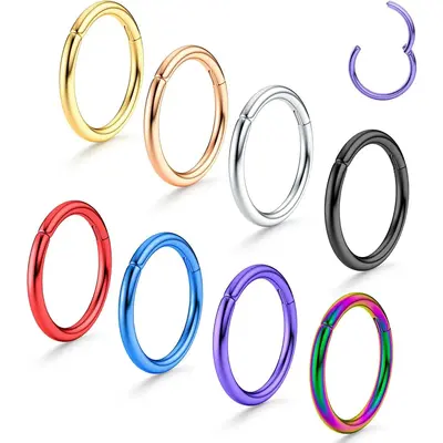 FLORIDECO 8 Pcs 16G 18G G23 Titanium Nose Rings Hoop for Women Men Multi-Color Hinged Cartilage Lip Septum Rings Helix Conch ...