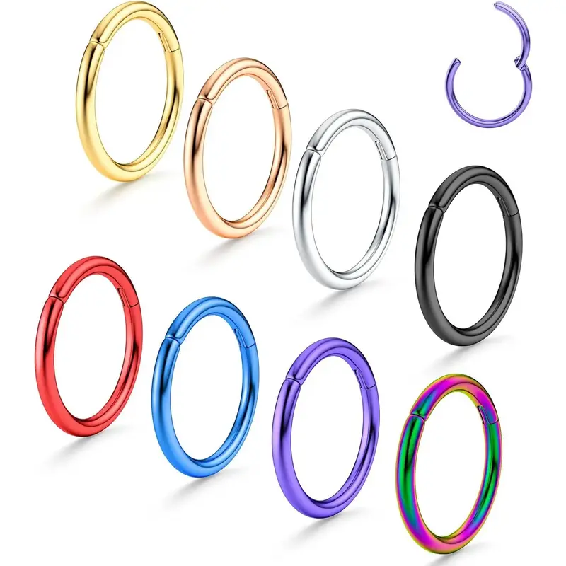 FLORIDECO 8 Pcs 16G 18G G23 Titanium Nose Rings Hoop for Women Men Multi-Color Hinged Cartilage Lip Septum Rings Helix Conch ...