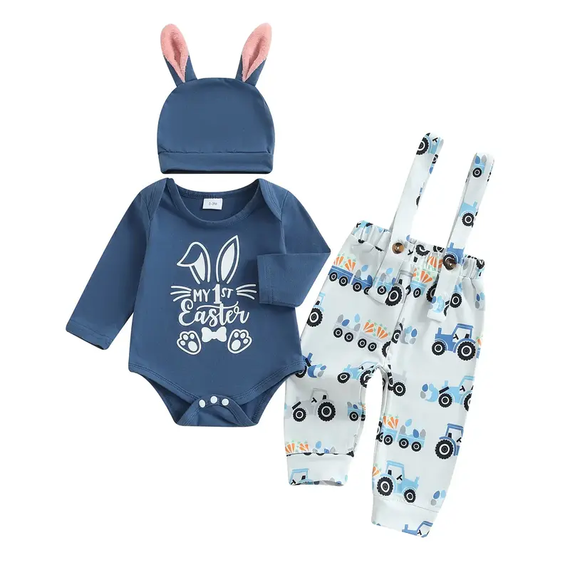 My First Easter Baby Boy Outfit Long Sleeve Bunny Sweatshirt Romper Tractor Print Suspender Pants Overalls Bunny Ear Hat 3Pcs...