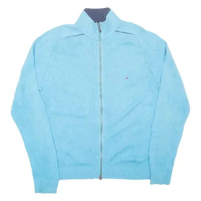 TOMMY HILFIGER Mens Cardigan Blue High Neck Tight Knit Wool L