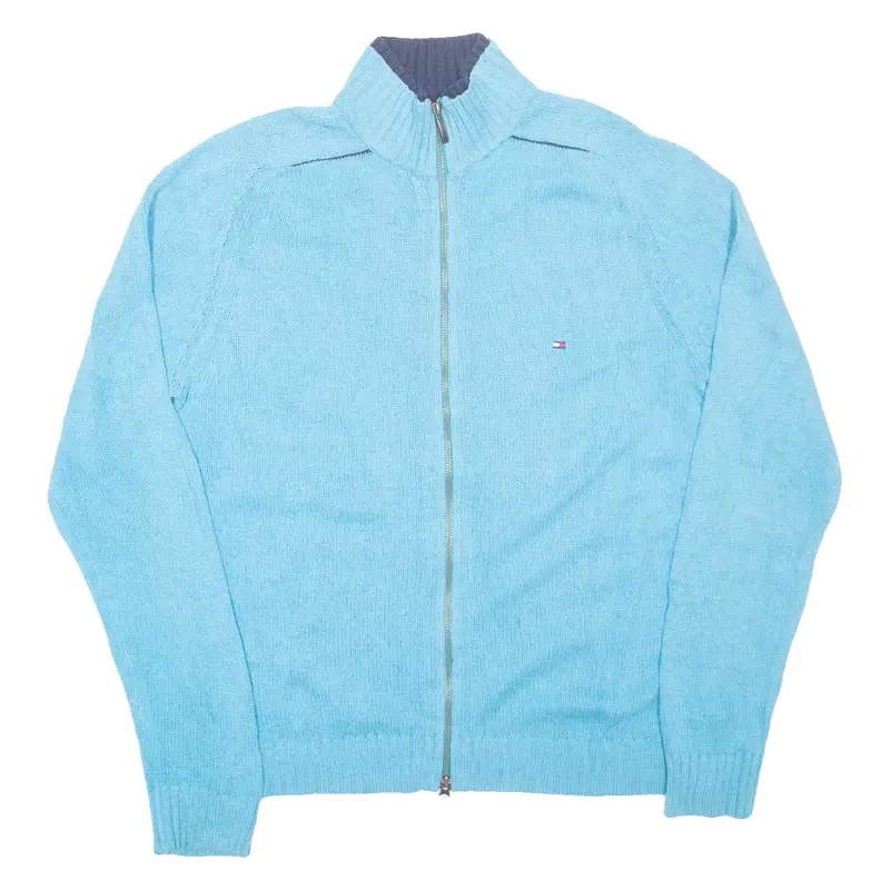 TOMMY HILFIGER Mens Cardigan Blue High Neck Tight Knit Wool L