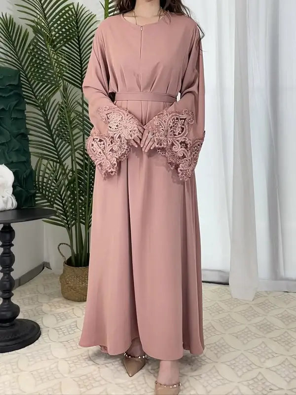 Women's Contrast Lace Belted Flounce Sleeve Dress, Long Sleeve Round Neck A Line Dress for Party, Minimalist Basic Longsleeve...