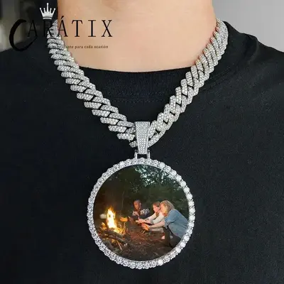 CARÁTIX Medium Round Plated Memory Medallions Charms Custom Picture Pendant Necklace for Men Hip Hop Jewelry Large Size Phot...
