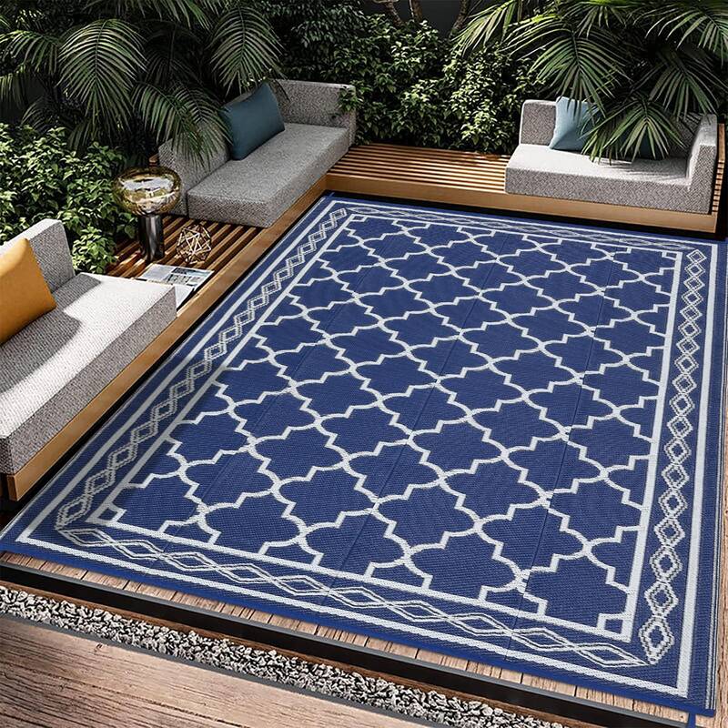 Garvee Outdoor Dark Blue 6x9 Rug, Waterproof Reversible Plastic Straw with UV Resistance, Easy Cleaning, Patio Porch Deck Bal...
