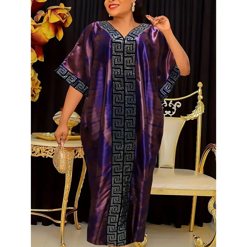 Cultural Charm, Elegant Middle Eastern-Inspired Maxi Kaftan Dress with Sequin Accents, V-Neck, Batwing Sleeves & Matching Hij...