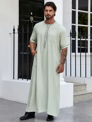 Men's Contrast Binding Pocket Kaftan, Regular Fit Casual Half Sleeve Button Front Arabic Clothing, Men's Islamic Clothing for...