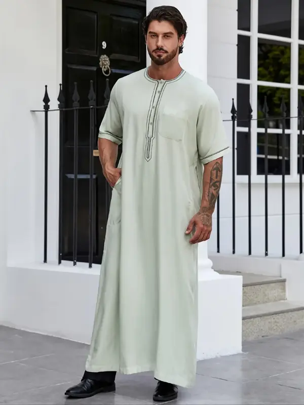 Men's Contrast Binding Pocket Kaftan, Regular Fit Casual Half Sleeve Button Front Arabic Clothing, Men's Islamic Clothing for...