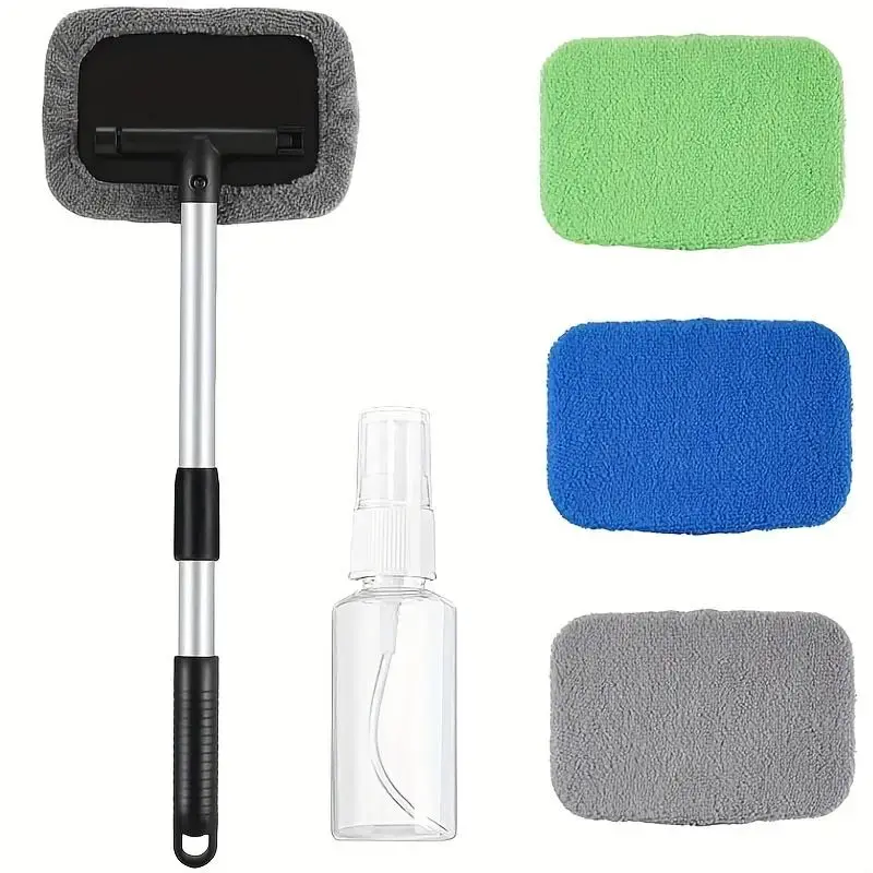 Car Windshield Cleaning Tool Set, Retractable Handle Car Window Cleaning Tool with Reusable & Washable Microfiber Pad, Car Cl...