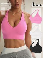 Women's Solid Color Ribbed Halter Sports Bra, Breathable Comfortable High Stretch Backless Sports Bra, Ladies Sportswear for ...
