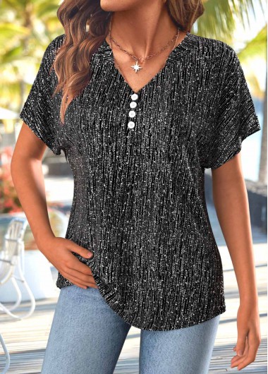 Modlily Black Button Short Sleeve Split Neck T Shirt - M