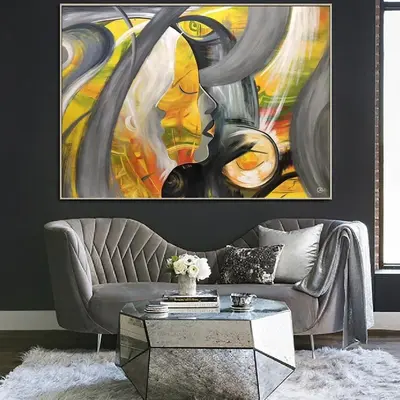 Extra Large Contemporary Art Abstract Human Portrait Painting Yellow Wall Art Acrylic Original Artwork | MOON DIVA
