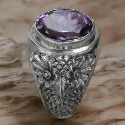 NOVICA Worried Owl Amethyst Ring - US Ring Size: 12