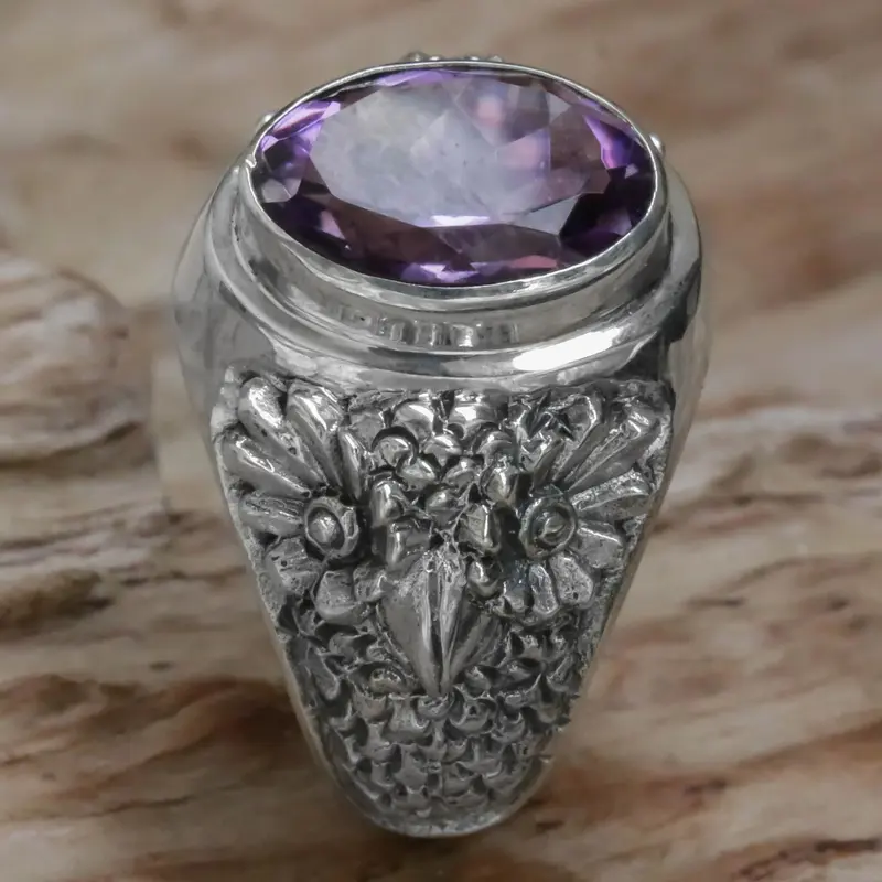 NOVICA Worried Owl Amethyst Ring - US Ring Size: 12
