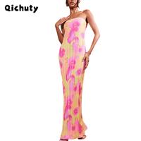 Women's Y2k Strapless Maxi Dress Floral Print Pencil Skirt Slim long dress summer retro dress beach Bohemia dress Dark Pink F...