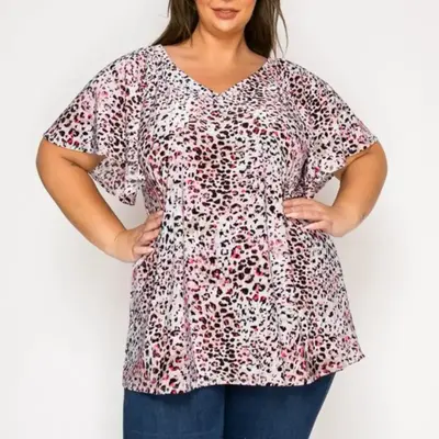 Pink Panther Flutter Sleeve Tunic Top - Animal Print Short Sleeve Women's Fashion Top