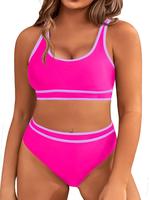 FISOEW Womens Plus Size High Waist Bikini Sets Sporty Color Block Two Piece Swimsuit Cheeky Wide Strap Bathing Suit Tummy Con...