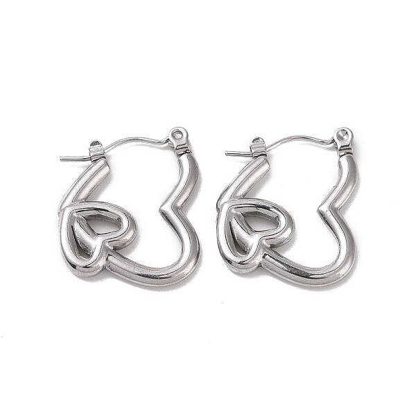 Non-Tarnish Valentine's Day 304 Stainless Steel Double Heart Hoop Earrings for Women