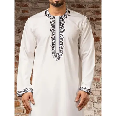 Men's Elegant Embroidered Long Robe - White Polyester with Black & Blue Geometric Pattern, Casual Style, Round Neck, All-Seas...