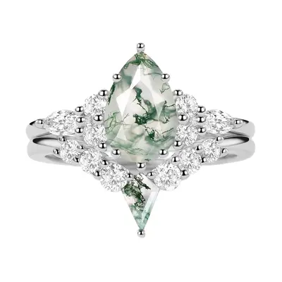 10K White Gold 1.5 CT Pear Cut Moissanite & Moss Agate Bridal Set