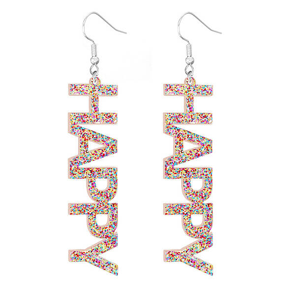 Bling Acrylic Word Happy Dangle Earrings