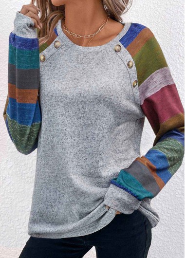 Modlily Light Grey Marl Button Striped T Shirt - M