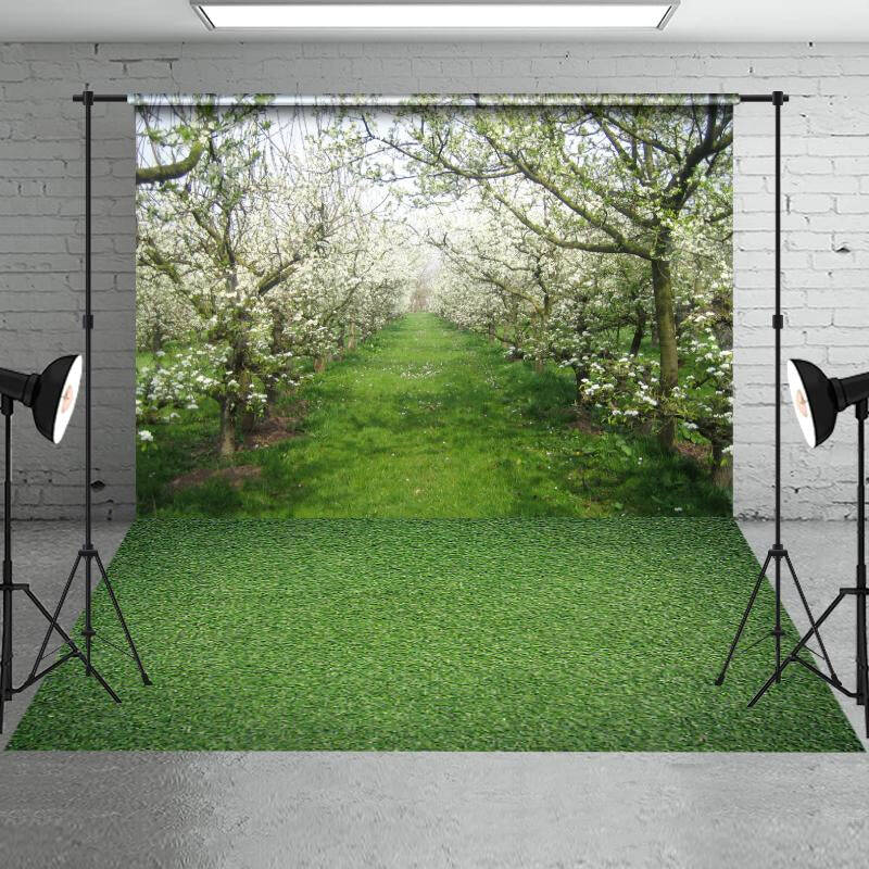 Blooming Flowers Apple Tree Spring Backdrop+Green Grass Field Floor Backdrop - Aperturee