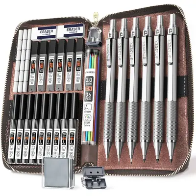 STAGEEK 30Pcs Art Metal Mechanical Pencil Set with Leather Case, 6PCS Art Drafting Pencils 0.5, 0.7, 0.9, 2.0MM Mechanical Dr...