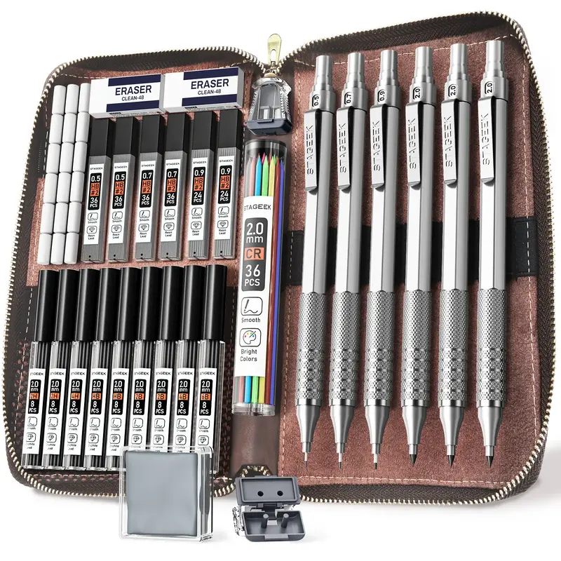 STAGEEK 30Pcs Art Metal Mechanical Pencil Set with Leather Case, 6PCS Art Drafting Pencils 0.5, 0.7, 0.9, 2.0MM Mechanical Dr...