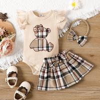 PatPat Bear Style - 3pcs Baby Girl Cotton Ribbed Ruffle Short-sleeve Bear Embroidered Romper and Plaid Skirt & Headband Set