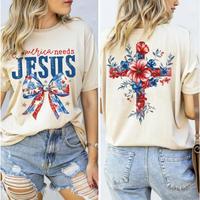 America Needs Jesus Flower 2 Sided Shirt, Christian America Coquette Bow Tee, Usa Flag Flowal Cross ,Christian 4th of July Te...