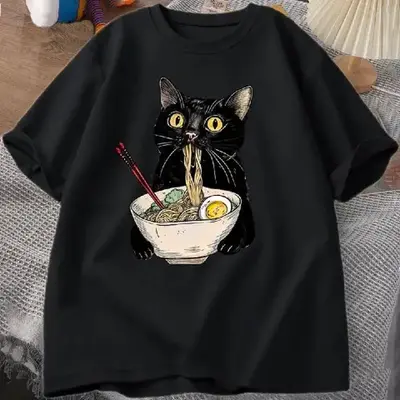 Men's Pure Cotton Ramen Cat Foodie Lover Black Retro Casual Short Sleeve Noodle Design Cat Lovers T-shirt