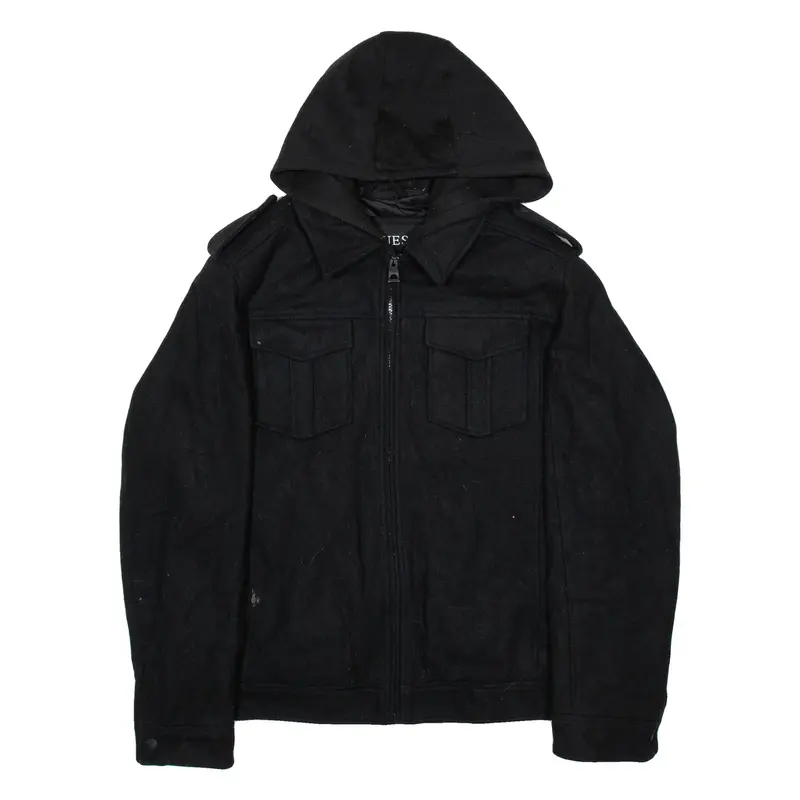 GUESS Mens Chore Coat Black Wool Hooded L