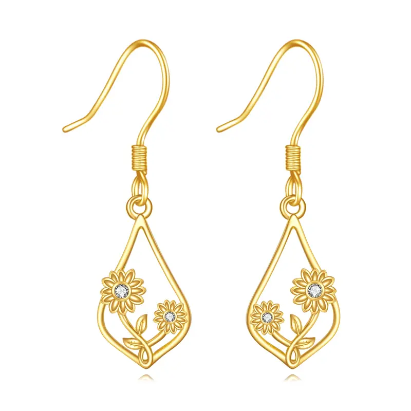 14K Gold Cubic Zirconia Sunflower Drop Earrings