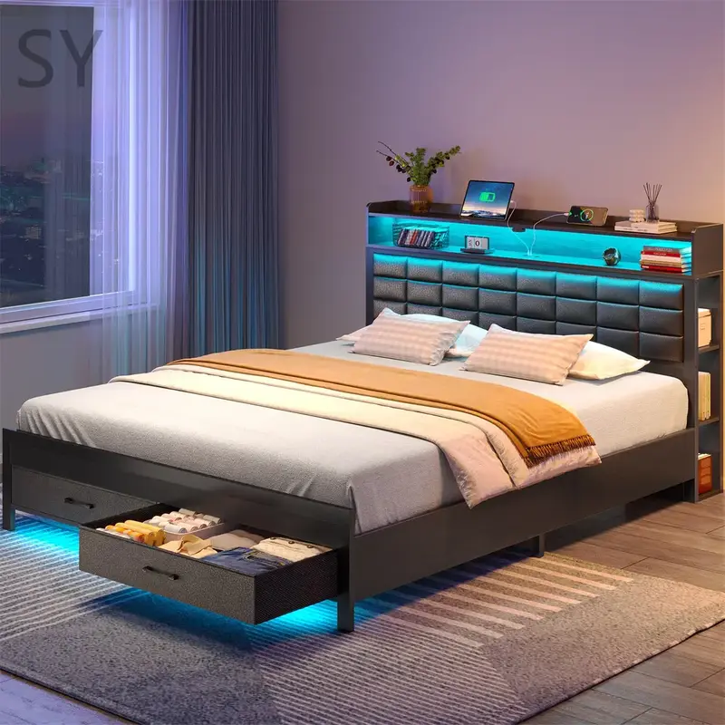 SY-Hot Selling Upholstered Platform Bed with Charging Station and LED Light,Bed Frame with Storage Headboard and 2 Drawers,No...