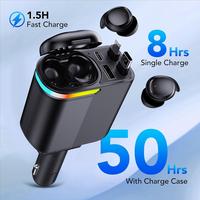 W&O 5-in-1 Retractable Car Charger & Earbuds Combo, USB-C Fast Charging Adapter with Lightning Cable, Dual Charging Ports, Bl...
