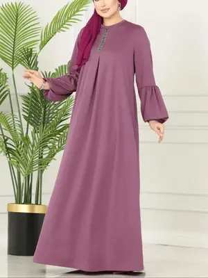 Women's Fashion Vintage Plain Round Neck Lantern Sleeve Long Loose Fit Arabic Dress, Casual Woven Fabric for All Seasons