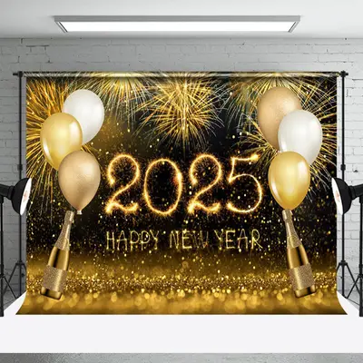 Black Gold Balloon Champagne Celebration 2025 Backdrop