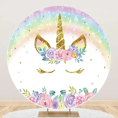 White Rainbow Unicorn Floral Round Birthday Backdrop - Aperturee