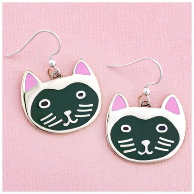 Hand Painted Cat Earrings - Black