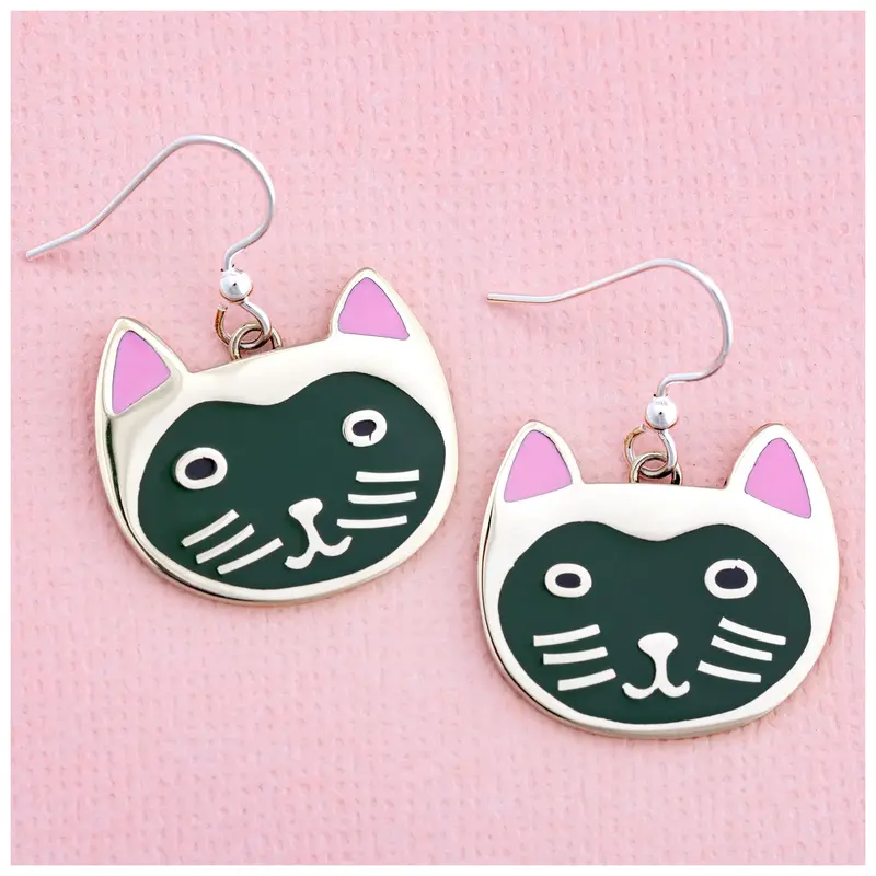 Hand Painted Cat Earrings - Black