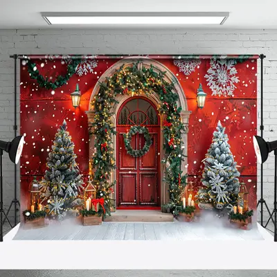 Vintage Red Door Trees Snow Scene Christmas Backdrop